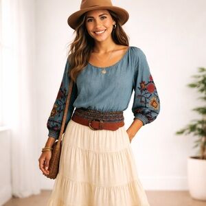 🌸GAP Boho Embroidered Chambray Top–Unique Sleeves & Festival Vibes-bundle 20%